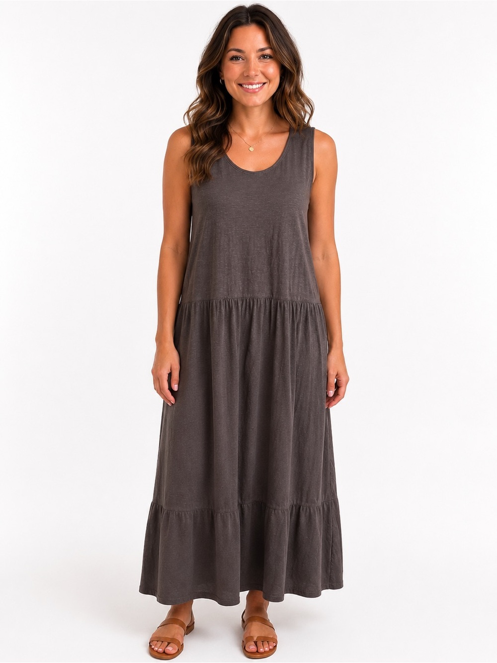 Eileen Fisher Organic Cotton Hemp Blend Sleeveless Tiered Maxi Dress Gray XL